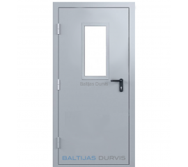 Ugunsdrošas metāla durvis ar stikla lodziņu augšējā daļā, nodrošinot gaismas caurlaidību un modernu dizainu.