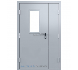 Ugunsdrošās pusotrviru metāla durvis ar stikla lodziņu, kas apvieno drošību un estētiku.