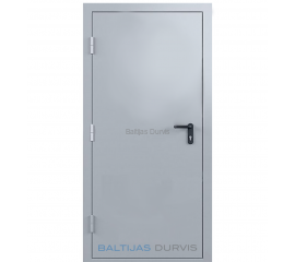 Ugunsdrošas metāla durvis ar pelēku pārklājumu un drošības rokturi, piemērotas privātmājām un uzņēmumiem