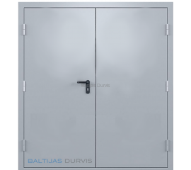 Ugunsdrošas metāla durvis ar pelēku apdari un augstas drošības slēdzeni.