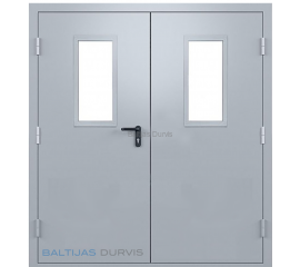 Plašas ugunsdrošas divviru metāla durvis ar stikla lodziņiem, ideāli piemērotas sabiedriskām ēkām vai noliktavām.