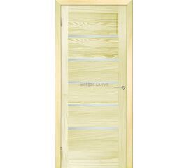 Priedes masīvkoka iekšdurvis MONA ar dabīga koka apdari un horizontāliem stikla elementiem, kas ļauj gaismai plūst starp telpām.