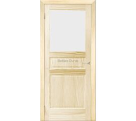 Priedes masīvkoka iekšdurvis PAULA ar gaiša koka apdari un stikla pildiņu durvju augšdaļā.