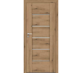 Durvis Aur DRE ar dabīga ozola apdari un horizontālām stikla līnijām, kas papildina klasisku un modernu interjeru.