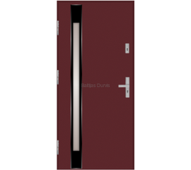 Siltas un kvalitatīvas ārdurvis mājai. Durvis burgundijas tonī ar dekoratīvu vertikālu stikla elementu.