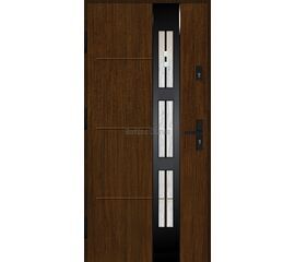 Siltas un kvalitatīvas ārdurvis mājai. Durvis tumšā rieksta tonī ar moderniem dekoratīviem elementiem.