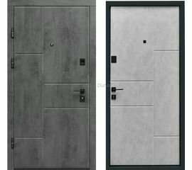 Metāla durvis KRISTĪNE ar industriāla stila pelēku apdari un modernām līnijām, skatāmas no ārpuses un iekšpuses.