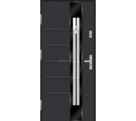 Siltas un kvalitatīvas ārdurvis mājai. Durvis antracīta tonī ar vertikālu dekoratīvu stikla elementu.