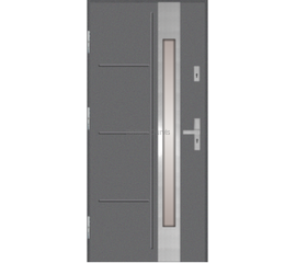 Siltas un kvalitatīvas ārdurvis mājai. Durvis pelēkā tonī ar vertikālu dekoratīvu stikla elementu.