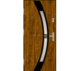 Siltas un kvalitatīvas ārdurvis mājai. Durvis zelta ozola tonī ar dekoratīvu izliektu stikla elementu.