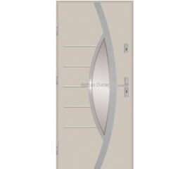 Siltas un kvalitatīvas ārdurvis mājai. Durvis krēmkrāsas tonī ar moderniem dekoratīviem elementiem.