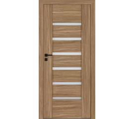 Durvis ar koka tekstūras apdari un horizontāliem stikla paneļiem, kas papildina mūsdienīgu stilu