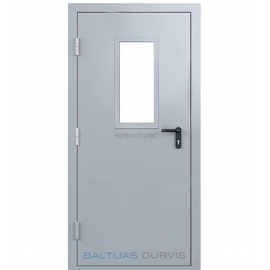 Ugunsdrošas metāla durvis ar stikla lodziņu augšējā daļā, nodrošinot gaismas caurlaidību un modernu dizainu.