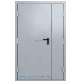 Ugunsdrošās pusotrviru metāla durvis ar pelēku matētu apdari un izturīgām eņģēm.