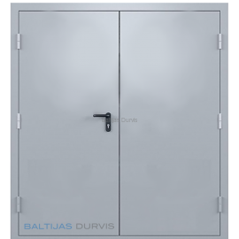 Ugunsdrošas metāla durvis ar pelēku apdari un augstas drošības slēdzeni.