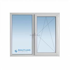 Balts PVC logs ar diviem stiklojumiem un vienu vērtnes daļu. Logs piemērots vecā tipa lietuviešu projekta ēkām.