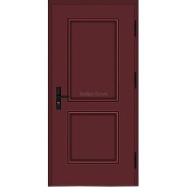 Siltas un kvalitatīvas ārdurvis mājai. Durvis burgundija tonī ar dekoratīviem pildiņu gropju elementiem.