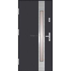 Siltas un kvalitatīvas ārdurvis mājai. Durvis pelēkā tonī ar vertikālu dekoratīvu stikla elementu.