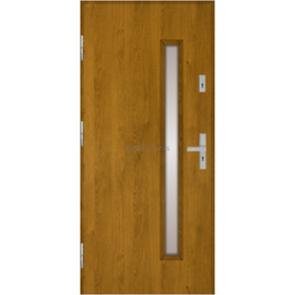 Siltas un kvalitatīvas ārdurvis mājai. Durvis zelta ozola tonī ar dekoratīvu vertikālu stikla elementu.