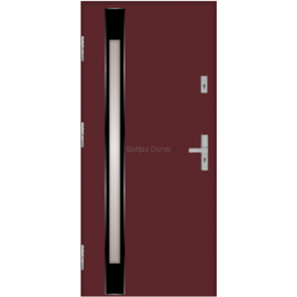 Siltas un kvalitatīvas ārdurvis mājai. Durvis burgundijas tonī ar dekoratīvu vertikālu stikla elementu.