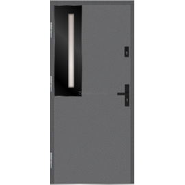 Siltas un kvalitatīvas ārdurvis mājai. Durvis pelēkā tonī ar dekoratīvu stikla elementu.