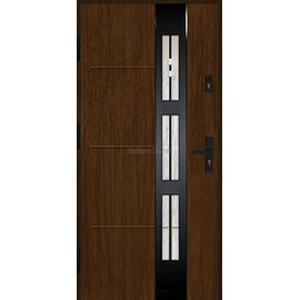 Siltas un kvalitatīvas ārdurvis mājai. Durvis tumšā rieksta tonī ar moderniem dekoratīviem elementiem.