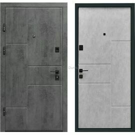 Metāla durvis KRISTĪNE ar industriāla stila pelēku apdari un modernām līnijām, skatāmas no ārpuses un iekšpuses.