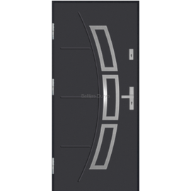 Siltas un kvalitatīvas ārdurvis mājai. Durvis antracīta tonī ar moderniem dekoratīviem elementiem.