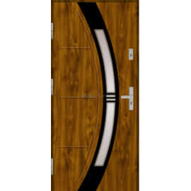 Siltas un kvalitatīvas ārdurvis mājai. Durvis zelta ozola tonī ar dekoratīvu izliektu stikla elementu.