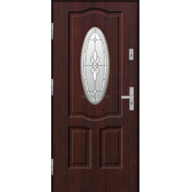 Siltas un kvalitatīvas ārdurvis mājai. Durvis mahagona tonī ar dekoratīvu stikla elementu.