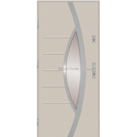 Siltas un kvalitatīvas ārdurvis mājai. Durvis krēmkrāsas tonī ar moderniem dekoratīviem elementiem.