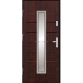 Siltas un kvalitatīvas ārdurvis mājai. Durvis sarkankoka tonī ar dekoratīvu stikla elementu.