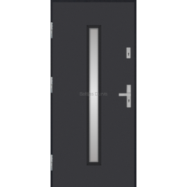 Siltas un kvalitatīvas ārdurvis mājai. Durvis pelēkā tonī ar vertikālu dekoratīvu stikla elementu.