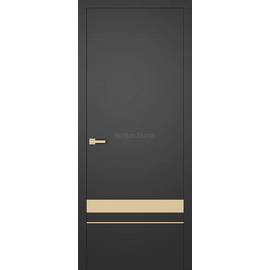 Melni matētas iekšdurvis CITY 1 SUPREME ar horizontālām zeltītām akcenta līnijām durvju lejasdaļā.