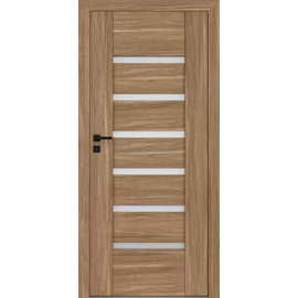 Durvis ar koka tekstūras apdari un horizontāliem stikla paneļiem, kas papildina mūsdienīgu stilu