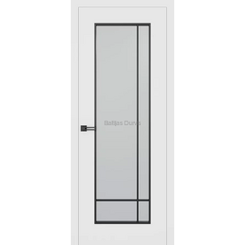 Iekšdurvis SOHO 1 SUPREME baltā krāsā ar matētu stikla pildiņu un melniem dekoratīviem līstojuma elementiem.