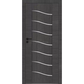 TRIESTE DRE pelēkas koka tekstūras iekšdurvis ar izliektām stikla līnijām, radot unikālu un modernu akcentu.