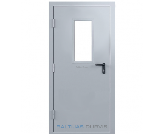 Ugunsdrošas metāla durvis ar stikla lodziņu augšējā daļā, nodrošinot gaismas caurlaidību un modernu dizainu.