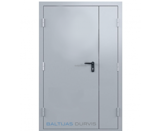 Ugunsdrošās pusotrviru metāla durvis ar pelēku matētu apdari un izturīgām eņģēm.