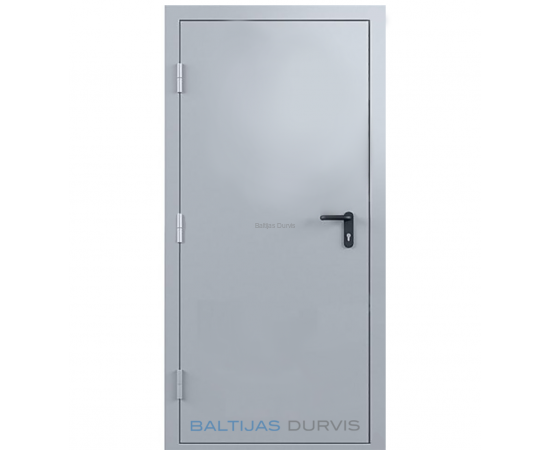 Ugunsdrošas metāla durvis ar pelēku pārklājumu un drošības rokturi, piemērotas privātmājām un uzņēmumiem