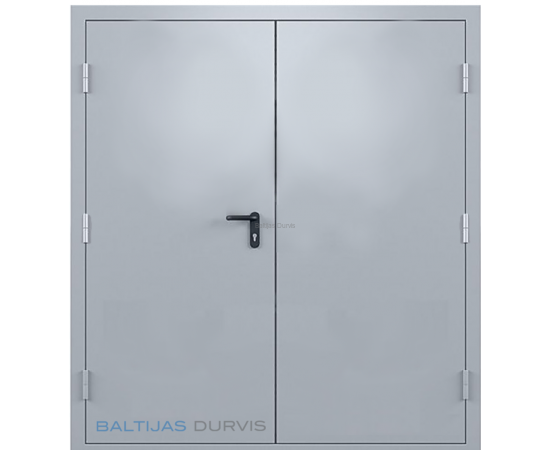 Ugunsdrošas metāla durvis ar pelēku apdari un augstas drošības slēdzeni.
