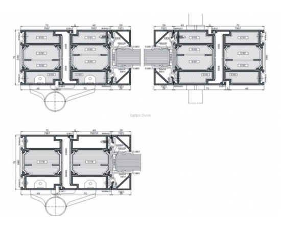Alumīnija durvis un starpsienas - detalizācija griezumā ar izmēriem durvju profilā