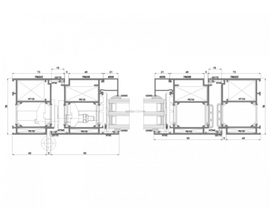 Alumīnija durvis - detalizācija griezumā ar izmēriem durvju profilā