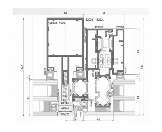 Alumīnija Fasāžu Sistēma - Ponzio PF 152 ESG detalizācija griezumā ar izmēriem