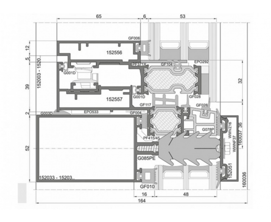 Alumīnija Fasāžu Sistēmas - Ponzio PF 152 HI detalizācija griezumā ar izmēriem