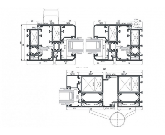 Alumīnija durvis - detalizācija griezumā ar izmēriem durvju roktura un eņģu novietojums