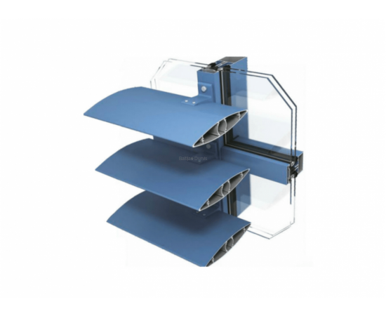 Alumīnija Fasāžu Sistēmas - Ponzio SUN PROTECT savienojumu paraugs ar žalūzijas tipa elementiem un stikla paketēm 3D skatā