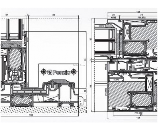 Alumīnija bīdāmās durvis balkoniem un lodžijām - detalizācija griezumā ar izmēriem durvju profilā