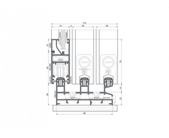 Alumīnija bīdāmās durvis un logi - detalizācija griezumā ar izmēriem durvju profilā