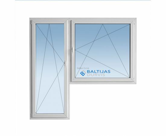 Plastikāta logi - balkona bloks ar veramu durvju vērtnes daļu un veramu loga daļu, kur attēlots Baltijas Durvis logotips loga fonā. Loga bloks paredzēts 119. projekta ēkām